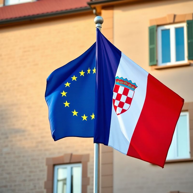 Zastava EU i Hrvatske uz kamenu fasadu u Varaždinu